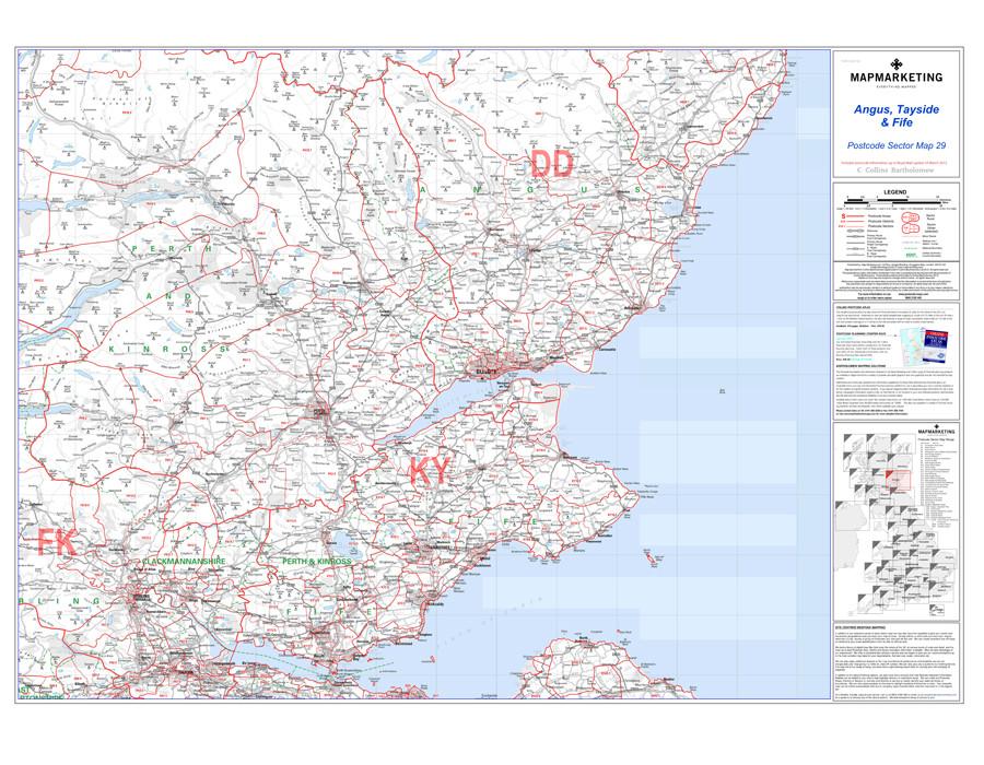 Wall Maps - Angus, Tayside And Fife Postcode Wall Map - Sector Map 29