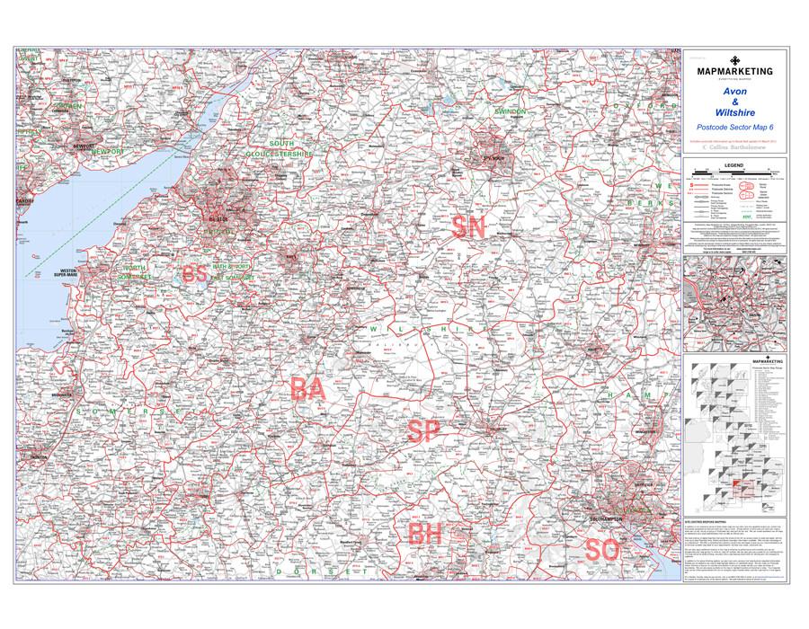 Wall Maps - Avon And Wiltshire (Bristol) Postcode Wall Map - Sector Map 6