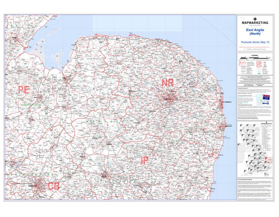 Wall Maps - East Anglia (North) Postcode Wall Map - Sector Map 15