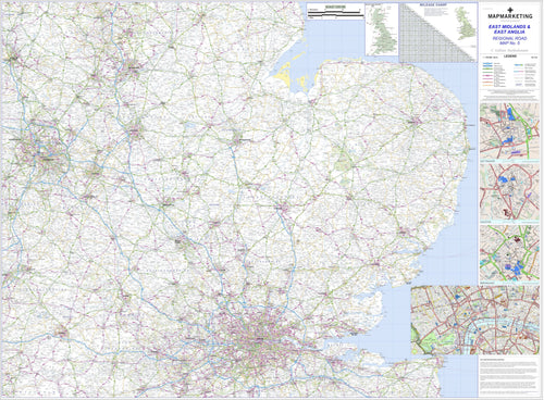 Wall Maps - East Midlands And East Anglia Including London Regional Road Map - Wall Map 5