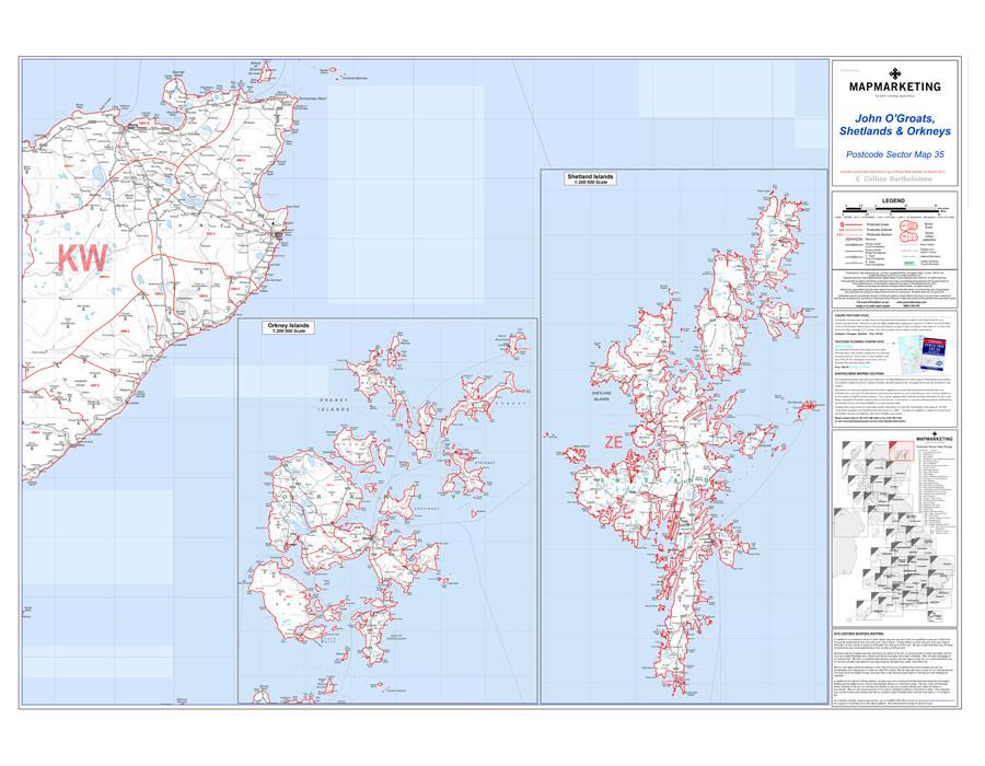 Wall Maps - John O'Groats, Shetlands And Orkneys Postcode Wall Map - Sector Map 35