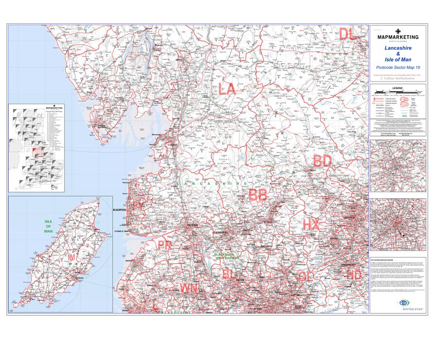 Wall Maps - Lancashire And The Isle Of Man Postcode Wall Map - Sector Map 19