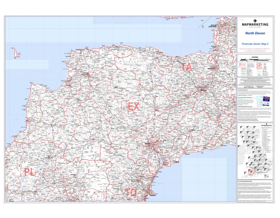 Wall Maps - North Devon Postcode Wall Map - Sector Map 2