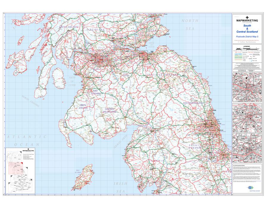Wall Maps - South And Central Scotland (Glasgow, Edinburgh And Newcastle-upon-Tyne) Postcode Wall Map - District Map 5