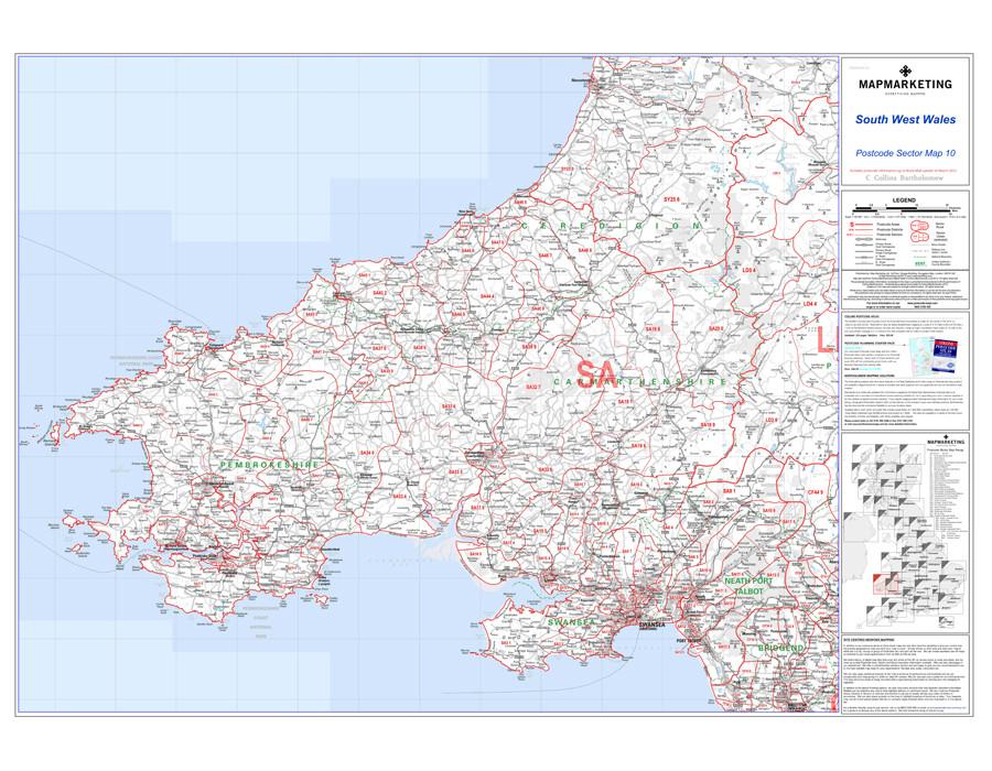 Wall Maps - South West Wales Postcode Wall Map - Sector Map 10