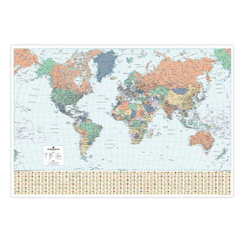 World Wall Map - showing Political Detail complete with Flags