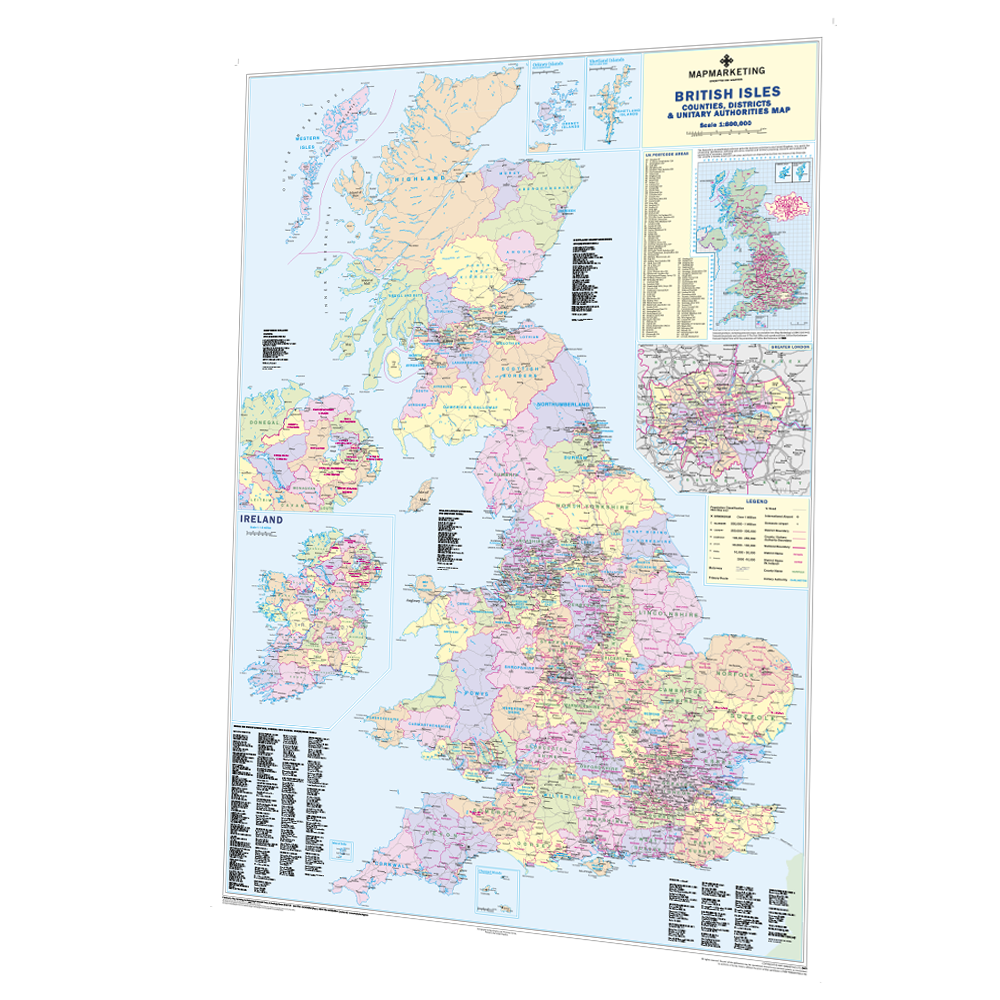 British Isles Counties Map - County Wall Map of UK and Ireland