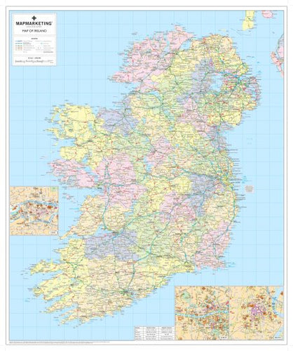 Ireland Political Map - Irish Wall Map with Roads and County Borders
