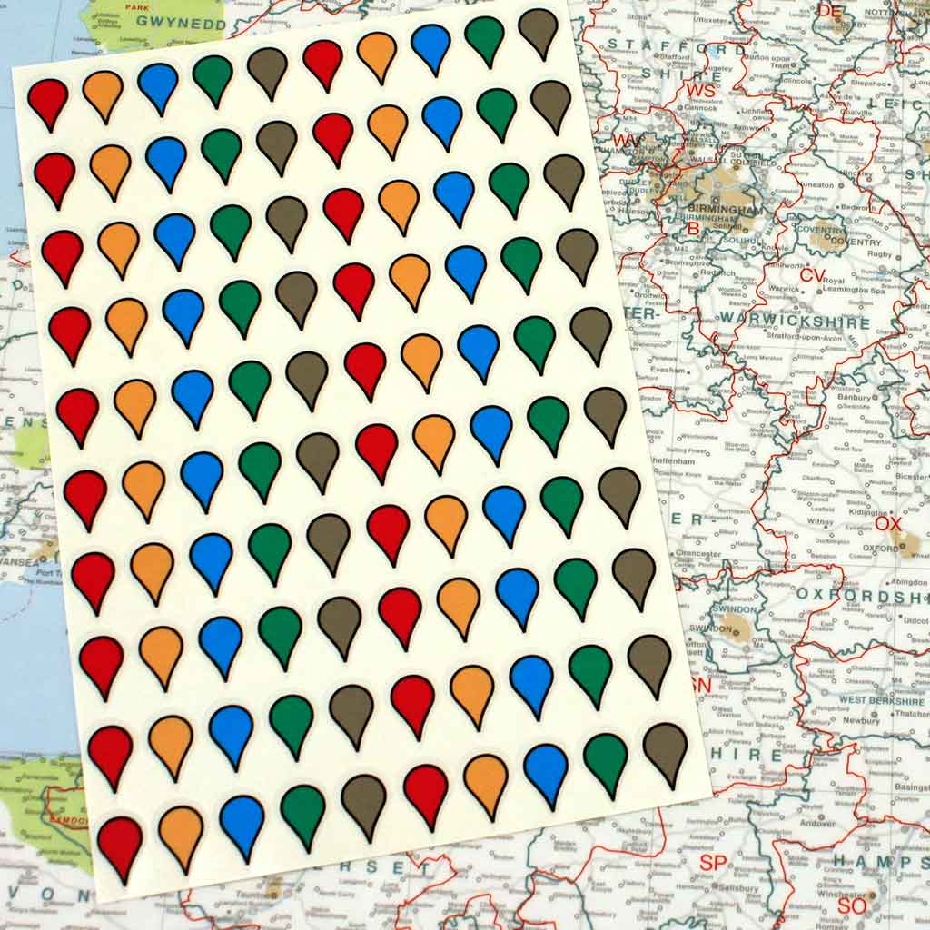 Map Stickers - 100 multi-coloured Map Stickers for use on Wall Maps ...
