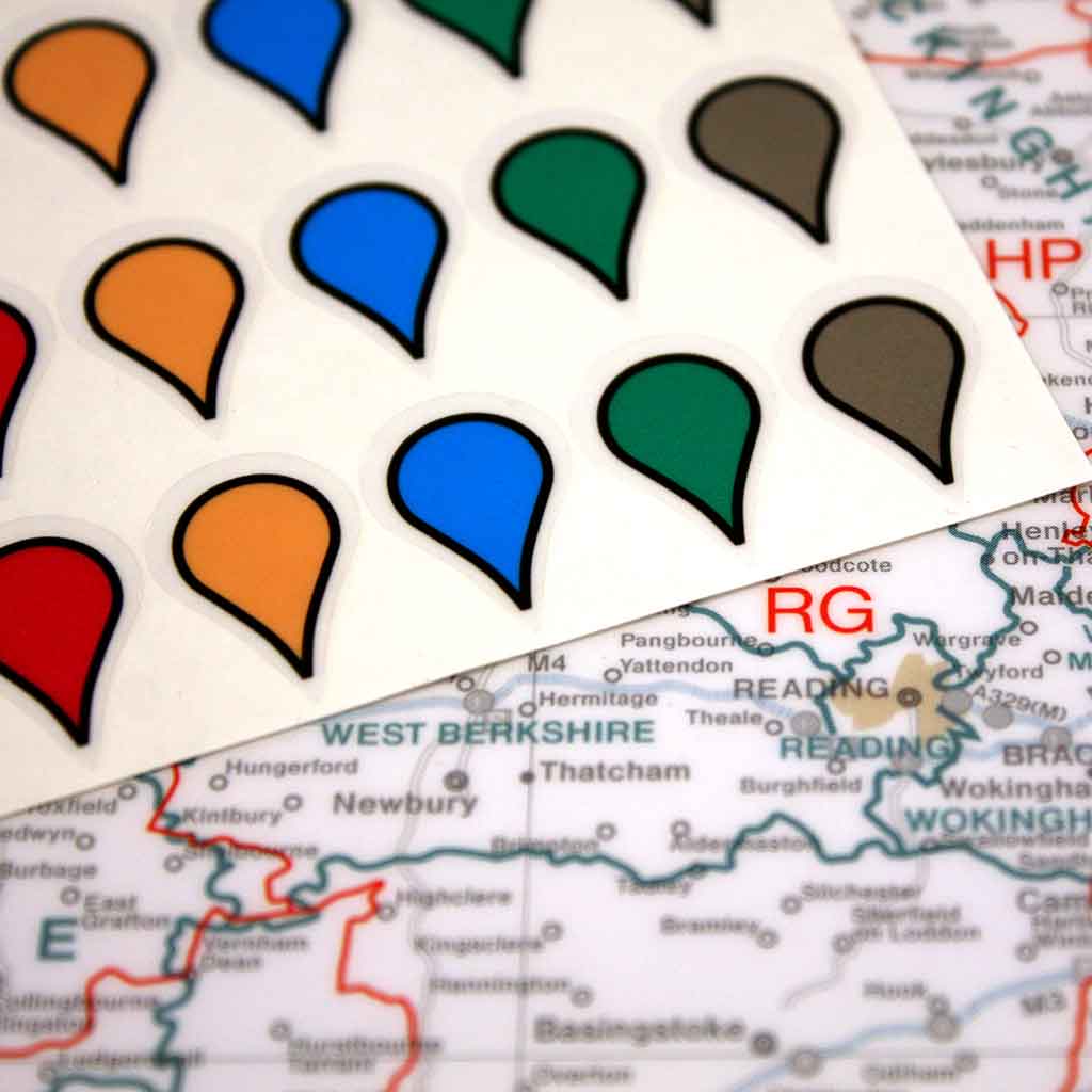 Map Stickers - 100 multi-coloured Map Stickers for use on Wall Maps ...