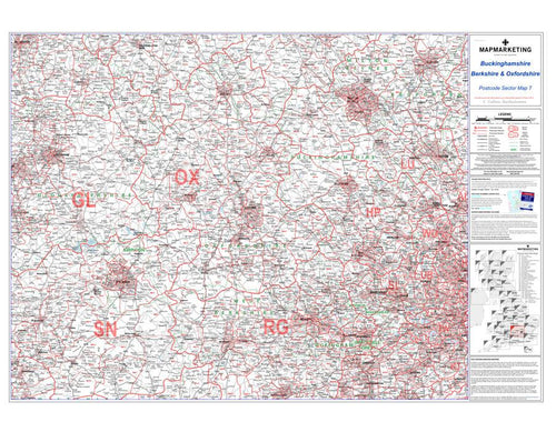 Wall Maps - Berkshire, Buckinghamshire And Oxfordshire Postcode Wall Map Sector Map 7