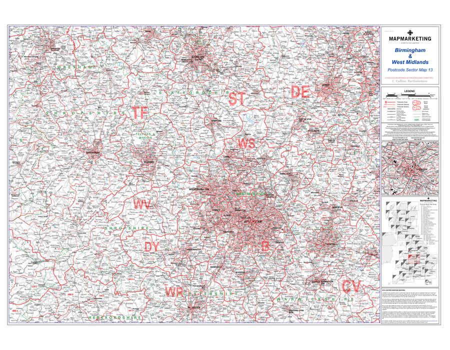 Midlands Postcode Birmingham & West Midlands Postcode Wall Map - Sector Map 13 – Map ...