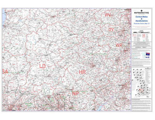 Wall Maps - Central Wales And Herefordshire Postcode Wall Map - Sector Map 12