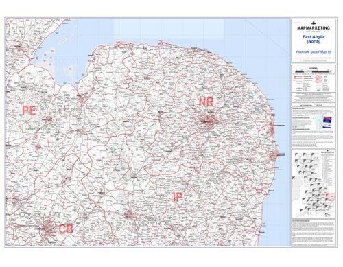 Wall Maps - East Anglia (North) Postcode Wall Map - Sector Map 15
