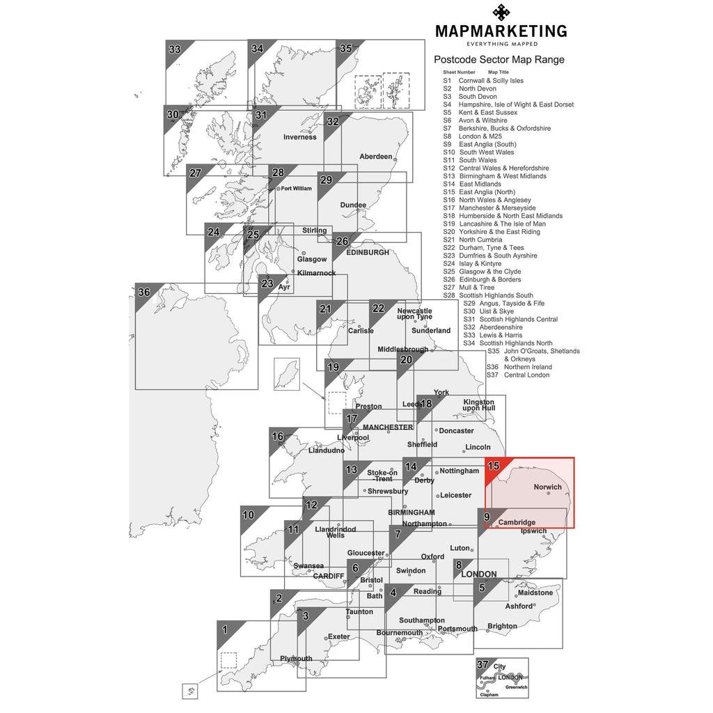 Anglia Postcode Map East Anglia (North) Postcode Wall Map - Sector Map 15 – Map Marketing
