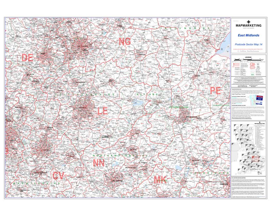 Midlands Postcode List East Midlands Postcode Wall Map - Sector Map 14 – Map Marketing