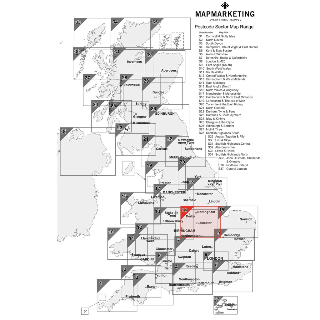Midlands Postcode List East Midlands Postcode Wall Map - Sector Map 14 – Map Marketing