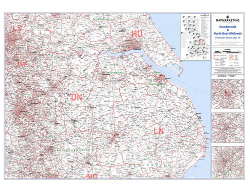 Wall Maps - Humberside And N E Midlands (Leeds / Bradford / Sheffield) Postcode Wall Map - Sector Map 18