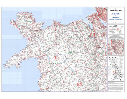 Wall Maps - North Wales And Anglesey Postcode Wall Map - Sector Map 16
