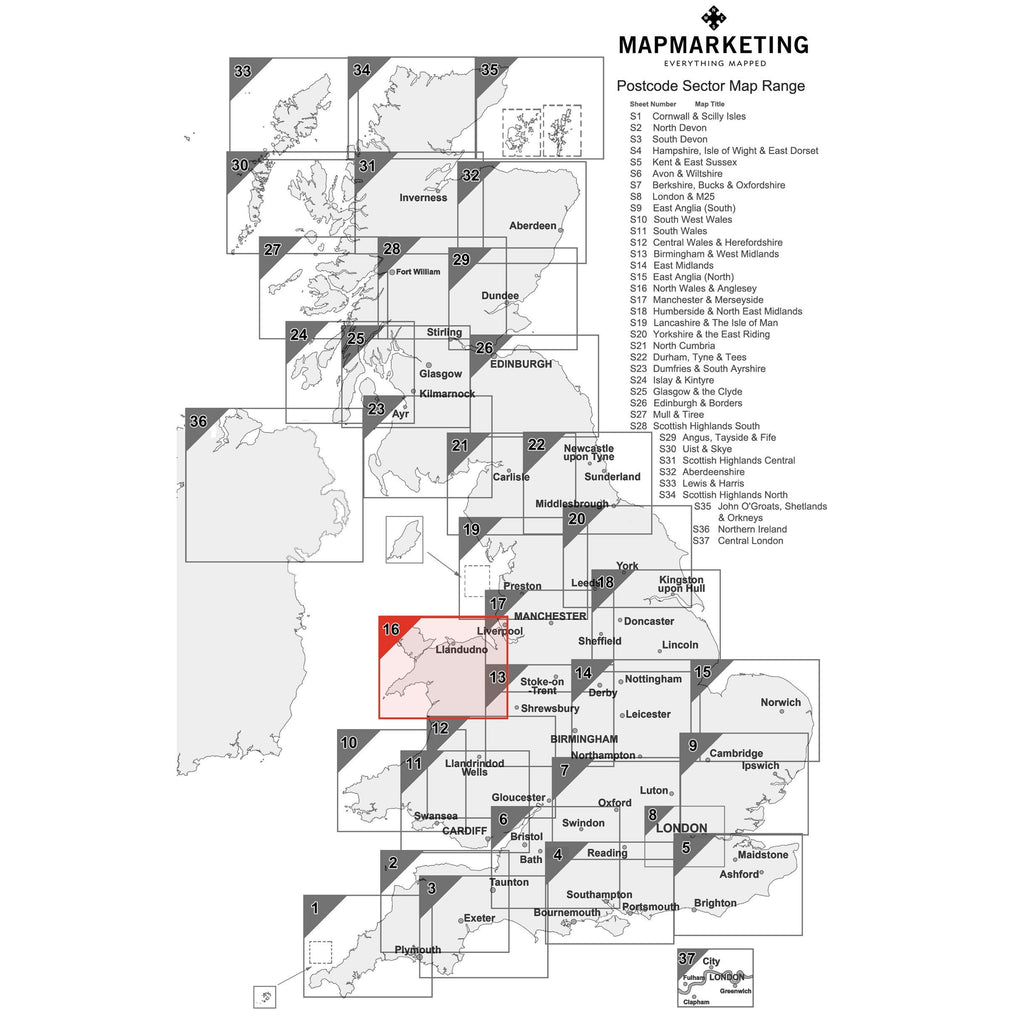 North Wales and Anglesey Postcode Wall Map - Sector Map 16 – Map Marketing
